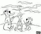 Yogi Bear and his friend Boo-Boo grilling the food in the camp fire