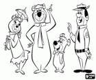 The protagonists of the adventures: Yogi Bear, Boo-Boo, Cindy and the park ranger Smith