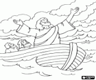 Calming the storm, one of the miracles of Jesus in the Gospels. Jesus and his disciple in a boat crossing the sea of Gallilee