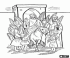 Jesus of Nazareth into Jerusalem on a donkey and greeted by a crowd