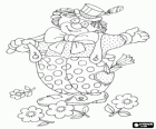 Clown with hat, bow tie and big pants throwing flowers to the public