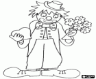 Sad and shameful clown with a heart and a bouquet of flowers in his hands