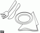 Utensils to eat at the table: plates, napkins, fork and knife