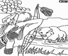 Indian hunter ready to shoot to a bison or buffalo with a bow and arrow