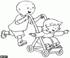 Caillou taking a walk with little sister in the stroller