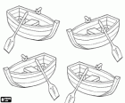 Four small boats with oars in the water