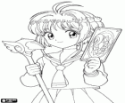 Sakura with her schoolgirl's dress, a magic card and bird-headed stick