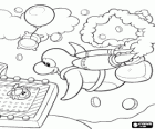 Penguin flying with a jetpack in a game of Club Penguin