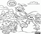 The Puffles making a snowman in the forest