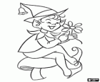 Little elf or goblin defoliating a flower sitting on a mushroom