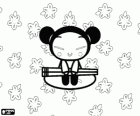 Pucca with the chopsticks over a floral background