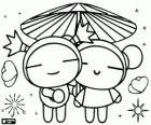 Garu and Pucca under an umbrella