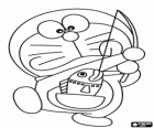 Doraemon fishing a fish from his magic pocket