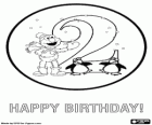 Elmo and two penguins in a birthday card for 2 years