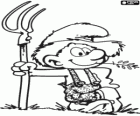 The farmer smurf with the working tool in hand, a three-pronged fork