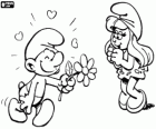 The Enamored Smurf with a flower and Smurfette excited