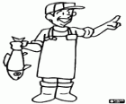 Professional fisherman equipped with boots and apron with a fish in his hand