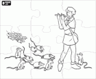 Puzzle of The Pied Piper of Hamelin. The pied piper begins to play the flute, the rats begin to approach and follow him