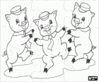 Puzzle of The Three Little Pigs happy and celebrating are not afraid of big bad wolf