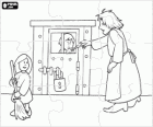 Puzzle from Hansel and Gretel. The witch locked Hansel in a cage to eat him and Gretel made to work at home