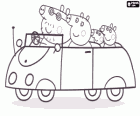 Peppa Pig with her family in the car: Daddy Pig, Mummy Pig and George Pig, her young brother