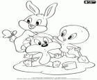 Baby Looney Tunes playing in the sand. Baby Bugs Bunny, Baby Tweety and Baby Sylvester