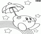 Kirby with an umbrella flying among the stars and the rainbow