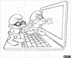 The Smurfs Movie Puzzle. Puzzle of Papa Smurf and Brainy Smurf are discovering a laptop