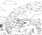 Two little ponies painting a magical rainbow with stars in the sky