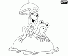 Two frogs with an umbrella on a stone in the water. The Mole characters