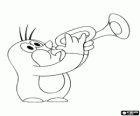 The Mole Krtek is playing the trumpet