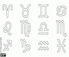 Symbols representing the twelve astrological signs of the zodiac