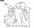 Children dressed for Halloween night, a witch and a ghost