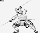 Samurai warrior with the armor, the helmet kabuto and armed with two katanas