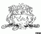 The cauldron on the open fire is cooking magic potion for the supernatural power
