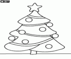 Christmas tree with balls and decorative ribbons, a star at the top