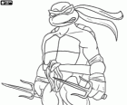 Raphael, the more aggressive ninja turtle with his arms in hand, a pair of Sai, a three-pronged dagger