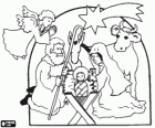 Birth of Jesus, the child in the manger with his parents, the animals, the angel and the Christmas star
