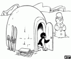 Pingu goes out the door of his house. Next to the igloo there is a snowman