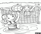 Holly Hobbie and friends, two girls playing volleyball in the swimming pool