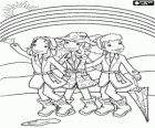 Holly Hobbie and her friends walking with raincoats and rubber boots under the rainbow after the rain