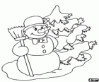 Snowman with a broom next to a snow-covered fir tree