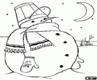 Snowman with a scarf and a bucket as a hat in the light of the moon