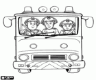 The firefighters Sam, Elvis, and Penny on the fire truck