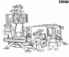 The firefighters of Pontypandy in action with the fire truck