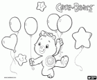 Funshine Bear playing with the balloons. He has a sun as a symbol and wears a baseball cap