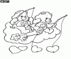 Two Care Bears are fishing some hearts from the top of a cloud