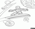 Silver Surfer on his surfboard travelling through space