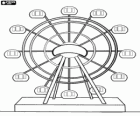 Ferris wheel, large rotating circular structure with cabins. Amusement park
