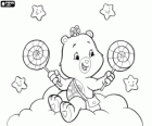Share Bear, the Care Bear that helps sharing things with two lollipops. Her symbol are two heart-shaped lollipops